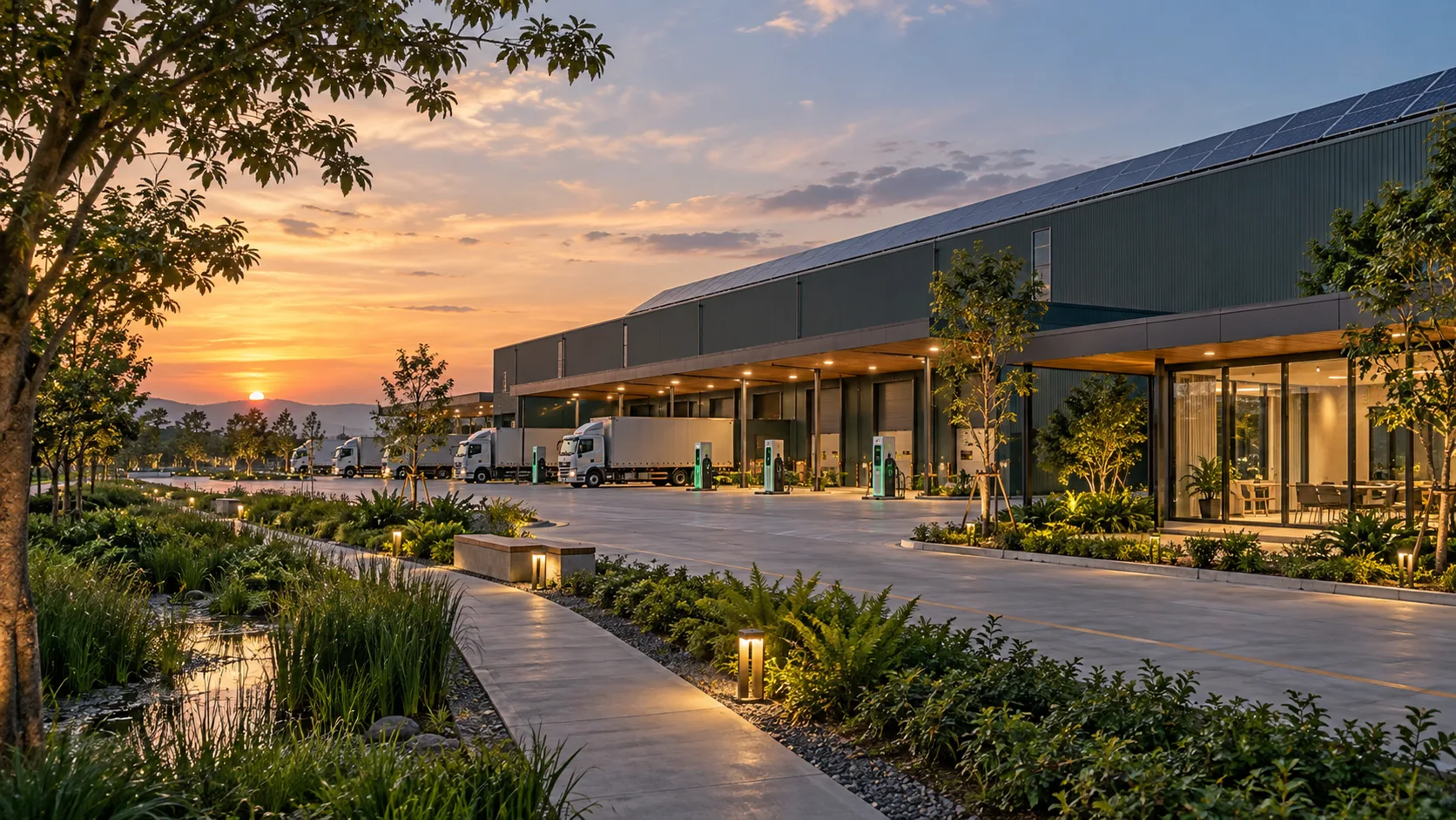 Trung tâm logistics xanh với mái điện mặt trời và trạm sạc xe điện